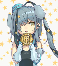 Rule 34 | 1girl, aqua hat, black one-piece swimsuit, black ribbon, commentary request, competition swimsuit, garrison cap, gloves, grey eyes, grey hair, hair ornament, hair over one eye, hair ribbon, hat, holding, kantai collection, long hair, looking at viewer, medal, mitsuyo (mituyo324), one-piece swimsuit, ribbon, scamp (kancolle), side ponytail, solo, star (symbol), star hair ornament, starry background, swimsuit, white background, white gloves