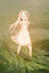 Rule 34 | 1girl, arms behind back, bare shoulders, dot nose, dress, facing viewer, frilled dress, frills, grass, hair between eyes, half-closed eyes, highres, hill, light, light smile, long hair, looking at viewer, messy hair, on grass, original, outdoors, parted lips, sleeveless, smile, solo, spread legs, standing, straight-on, teeth, u-u (uni 4040), white dress, white eyes, white hair, wind