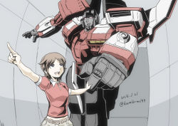 Rule 34 | 1boy, 1girl, aircraft, airplane, alexis (transformers), colored skin, decepticon, jet, kamizono (spookyhouse), machine, machinery, mecha, open mouth, personification, red eyes, red skin, robot, science fiction, short hair, smile, starscream, transformers, transformers armada, twitter username