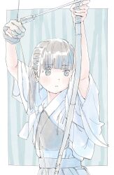 Rule 34 | 1girl, arrow (projectile), black eyes, black hair, black hakama, bow (weapon), commentary request, drawing bow, gloves, hakama, highres, holding, holding bow (weapon), holding weapon, japanese clothes, long bangs, muneate, original, partially fingerless gloves, partly fingerless gloves, ponytail, poranka (porankaran), solo, upper body, weapon, yugake