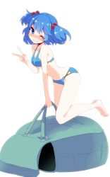 Rule 34 | 1girl, ;), aoi (annbi), backpack, bag, barefoot, bikini, blush, breasts, full-face blush, full body, grin, hair bobbles, hair ornament, highres, kawashiro nitori, legs, looking at viewer, navel, one-hour drawing challenge, one eye closed, short hair, smile, solo, swimsuit, touhou, two side up, unworn backpack, unworn bag, v, wavy mouth