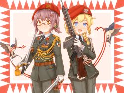 Rule 34 | 2girls, :d, austria, battle rifle, beret, bird, blonde hair, blue eyes, braid, brown hair, chinese commentary, commentary, fn fal, formal, german commentary, glasses, gloves, gun, hat, highres, holding, holding gun, holding sheath, holding sword, holding weapon, looking at viewer, medal, military, military rank insignia, military uniform, multiple girls, necktie, open mouth, original, rifle, saber (weapon), semi-rimless eyewear, sheath, short twintails, smile, suzushiro (gripen39), sword, tassel, twintails, uniform, weapon, yellow eyes