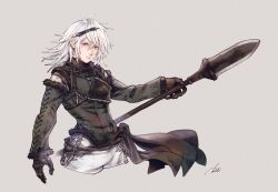 Rule 34 | 1boy, armor, chain, fur trim, gloves, green eyes, grey background, hair between eyes, head chain, highres, holding, holding polearm, holding weapon, jewelry, lace-up sleeves, long sleeves, looking at viewer, male focus, medium hair, mim (mimya0600), nier, nier (series), nier (brother), pants, polearm, simple background, solo, upper body, weapon, white hair, white pants