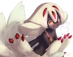 Rule 34 | 1girl, black skin, brown eyes, claws, colored skin, dark-skinned female, dark skin, extra arms, faputa, female focus, fur, heart, made in abyss, monster girl, multiple tails, navel, open mouth, ria2067, sharp teeth, signature, simple background, solo, tail, teeth, very dark skin, white background, white fur