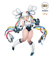 Rule 34 | 1girl, audio jack, blue eyes, breasts, cable, electric plug, fewer digits, full body, grey hair, highres, humanoid robot, joints, long hair, mechanical hands, medium breasts, multicolored eyes, original, pigeon-toed, red eyes, robot, robot joints, solo, theskittycat, thick thighs, thigh gap, thighs, twintails, white background