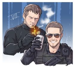 Rule 34 | 2boys, age difference, black gloves, black shirt, blue eyes, brown hair, bulletproof vest, can, chris redfield, cigarette, drink can, facial hair, gloves, highres, holding, holding can, holding lighter, kalamari, lighter, lighting cigarette, male focus, multiple boys, resident evil, resident evil 7: biohazard, resident evil village, shirt, short hair, smile, soda can, sunglasses, teeth, upper body, zippo lighter