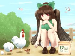 Rule 34 | 3girls, anger vein, animal ears, bare arms, bare shoulders, bird, bird wings, black wings, blue sky, bow, brown hair, rabbit ears, candy wrapper, chicken, cloud, day, detached sleeves, dress, egg, feeding, flying sweatdrops, hair bow, hakurei reimu, inaba tewi, long sleeves, multiple girls, pink dress, red dress, red eyes, reiuji utsuho, shirosato, sky, sparrow, squatting, tongue, tongue out, touhou, when you see it, wide sleeves, wings, yin yang