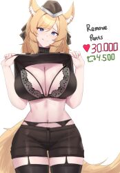 Rule 34 | 1girl, absurdres, animal ear fluff, animal ears, arknights, black bra, blonde hair, blue eyes, bra, breasts, cleavage, clothes lift, garrison cap, garter belt, hat, highres, horse ears, horse girl, horse tail, kanta (kanta 077), lace, lace-trimmed bra, lace trim, large breasts, lifting own clothes, long hair, meme, shirt lift, short shorts, shorts, sleeveless, sleeveless turtleneck, tail, turtleneck, twitter strip game (meme), underwear, whislash (arknights), white background