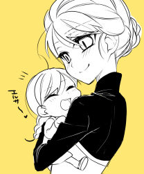 Rule 34 | 2girls, aged down, ahoge, anna (frozen), blush, braid, carrying, disney, elsa (frozen), french braid, frozen (disney), happy, heart, highres, japanese text, kokuchuutei, monochrome, multiple girls, siblings, simple background, sisters, smile, spoken heart, translated, yellow background