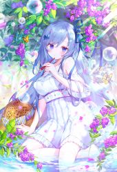 Rule 34 | 1girl, absurdres, arm support, bare shoulders, barefoot, blowing bubbles, blue eyes, blue hair, blue ribbon, blush, breasts, bubble, bug, butterfly, cleavage, day, dress, emori miku, flower, frilled dress, frills, hair flower, hair ornament, hair ribbon, hairclip, hat, hat ribbon, heart, heart bubbles, highres, holding, ibara riato, insect, light rays, liver city, long hair, looking at viewer, medium breasts, outdoors, parted lips, ribbon, short dress, sitting, soaking feet, solo, straw hat, striped ribbon, tree, unworn hat, unworn headwear, very long hair, water, wet, white dress