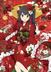 Rule 34 | 1girl, ball, black hair, blush, brown eyes, chijou noko, chikanoko, commentary request, dated, floral print, flower, frilled kimono, frills, hair flower, hair ornament, japanese clothes, kimono, long hair, long sleeves, looking at viewer, obi, open mouth, print kimono, ragho no erika, red flower, red kimono, revision, sash, side ponytail, sidelocks, signature, sleeves past wrists, solo, temari ball, white flower, wide sleeves