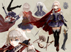 Rule 34 | 1girl, adapted costume, ankle boots, armor, bad id, bad pixiv id, belt, between fingers, black gloves, black thighhighs, blue dress, boots, braid, breasts, brown footwear, cape, closed mouth, cuts, detached sleeves, dress, full body, gloves, grey eyes, holding, holding knife, holding sword, holding weapon, holster, injury, izayoi sakuya, keiko (mitakarawa), knife, knives between fingers, looking at viewer, maid headdress, multiple views, pauldrons, short dress, short hair, short sword, shoulder armor, silver hair, small breasts, sword, thigh holster, thighhighs, touhou, twin braids, weapon, zettai ryouiki