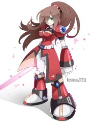 Rule 34 | 1girl, absurdres, android, breasts, brown hair, energy sword, full body, green eyes, hair over one eye, high ponytail, highres, iris (mega man), large breasts, lesuna, long hair, mega man (series), mega man x4, mega man x (series), mega man x dive, petals, red skirt, skirt, solo, sword, weapon