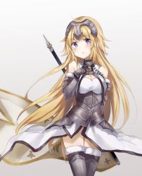 Rule 34 | 1girl, :o, armor, bare shoulders, blonde hair, blush, breasts, cleavage, commentary, cowboy shot, elbow gloves, english commentary, fate/apocrypha, fate (series), fur trim, gauntlets, gloves, gorget, hand up, headpiece, highres, jeanne d&#039;arc (fate), jeanne d&#039;arc (ruler) (fate), jeanne d&#039;arc (third ascension) (fate), large breasts, long hair, looking at viewer, mochii, parted lips, purple eyes, solo, standing, thighhighs, very long hair