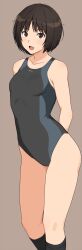 Rule 34 | 1girl, :d, amagami, arms behind back, black hair, black one-piece swimsuit, black socks, blush, breasts, brown background, brown eyes, collarbone, competition swimsuit, highres, kneehighs, looking at viewer, mobu, one-piece swimsuit, open mouth, short hair, simple background, small breasts, smile, socks, solo, standing, swimsuit, tachibana miya, tongue