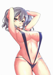 Rule 34 | 1girl, adjusting hair, armpits, arms up, black eyes, black one-piece swimsuit, blush, breasts, covered erect nipples, cowboy shot, gluteal fold, hair tie, highres, kantai collection, kashima (kancolle), large breasts, long hair, looking at viewer, mouth hold, navel, one-piece swimsuit, shiny skin, silver hair, simple background, slingshot swimsuit, solo, spider apple, standing, stomach, sweat, swimsuit, twintails, wavy hair, wet, white background