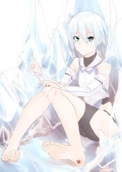 Rule 34 | 1girl, bare legs, barefoot, blue eyes, character request, feet, highres, ju yorimoto, looking at viewer, smile, toes, white hair