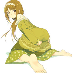 Rule 34 | 1girl, ass, barefoot, blush, brown hair, capelet, covering privates, covering ass, dress, feet, hairband, long hair, long skirt, original, skirt, solo, zpolice
