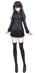 Rule 34 | 1girl, black bow, black hair, black jacket, black skirt, black thighhighs, blazer, blush, bow, breasts, brown eyes, brown footwear, closed mouth, full body, highres, jacket, loafers, long hair, long sleeves, looking at viewer, original, pleated skirt, school uniform, shoes, simple background, skirt, small breasts, smile, solo, standing, thighhighs, white background, yakob labo