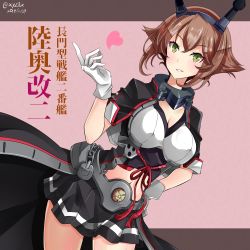 Rule 34 | 1girl, black jacket, black skirt, blush, breasts, brown hair, capelet, chair, cleavage, collarbone, dated, flipped hair, gloves, green eyes, grin, headgear, hebitsukai-san, highres, jacket, kantai collection, large breasts, letterboxed, looking at viewer, metal belt, mutsu (kancolle), mutsu kai ni (kancolle), navel, open clothes, open jacket, outside border, pink background, pleated skirt, short hair, skirt, smile, solo, striped clothes, striped skirt, translation request, twitter username, upper body, white gloves