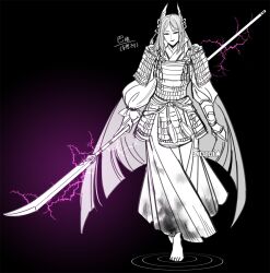 Rule 34 | 1girl, artist name, barefoot, black background, electricity, full body, greyscale, holding, holding polearm, holding weapon, long hair, long sleeves, looking at viewer, monochrome, naginata, partially colored, polearm, shinzui (fantasysky7), simple background, smile, standing, tomoe (sekiro: shadows die twice), weapon