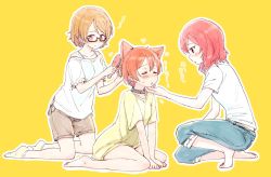 Rule 34 | 3girls, animal ears, barefoot, blouse, blush, bra strap, brown hair, brushing hair, cat ears, clenched hands, closed eyes, collar, denim, frilled shirt, frilled sleeves, frills, glasses, hair brush, hand in another&#039;s hair, hand on another&#039;s chin, heart, hoshizora rin, itsuki kuro, jeans, jpeg artifacts, kemonomimi mode, kneeling, koizumi hanayo, looking at another, love live!, love live! school idol project, multiple girls, musical note, nishikino maki, no pants, on one knee, orange hair, outline, pants, pants rolled up, purple eyes, red hair, semi-rimless eyewear, shirt, short sleeves, shorts, simple background, sitting, smile, socks, spoken musical note, stroking another&#039;s chin, sweatdrop, t-shirt, under-rim eyewear, white legwear, white outline, yellow background, yellow shirt