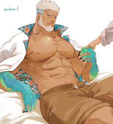Rule 34 | 1boy, 1other, abs, aegir (housamo), ambiguous gender, anchor earrings, aqua hair, bad id, bad twitter id, bara, bare pectorals, beard, blue eyes, brown shorts, bulge, dark-skinned male, dark skin, earrings, facial hair, feet out of frame, fingernails, fins, hinokumo f, jewelry, large pectorals, male focus, male underwear, mature male, multicolored hair, muscular, muscular male, navel, nipples, open clothes, open shirt, open shorts, pectorals, sharp fingernails, short hair, shorts, single earring, sitting, solo focus, stomach, streaked hair, thick thighs, thighs, tokyo houkago summoners, underwear, white hair, white male underwear