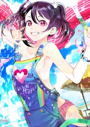 Rule 34 | 10s, 119, 1girl, \m/, bad id, bad pixiv id, black hair, breasts, commentary request, hair bobbles, hair ornament, hose, long hair, looking at viewer, love live!, love live! school idol project, no bra, outdoors, overalls, panties, pink panties, red eyes, sideboob, small breasts, smile, solo, suspenders, twintails, underwear, water, wet, yazawa nico