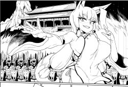 Rule 34 | 1girl, 6+boys, breasts, chinese clothes, detached sleeves, fan no hitori, fox girl, hair ornament, hanafuda, large breasts, long hair, monochrome, multiple boys, nipples through clothes, no bra, outdoors, panels, panties, side-tie panties, smile, standing, teeth, underwear