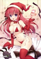 Rule 34 | 1girl, absurdres, alia&#039;s carnival, blush, bra, breasts, christmas, cleavage, covered erect nipples, highres, mitha, nanawind, ousaka asuha, panties, solo, string panties, thighhighs, underwear