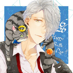 Rule 34 | 1boy, absurdres, animal, animal on shoulder, black gloves, black vest, blue background, blue bow, bow, brown eyes, bustafellows, candy, cat, cat on shoulder, collarbone, crown, dated, ear piercing, food, gloves, grey hair, hair over one eye, highres, lollipop, male focus, mataka890, mini crown, piercing, shirt, shu (bustafellows), string of flags, upper body, vest, white shirt