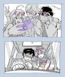 Rule 34 | 1girl, 2boys, ahoge, breasts, car, cellphone, driving, feeding, heart (mad rat dead), highres, humanization, mad rat, mad rat dead, motor vehicle, mouse (animal), mouse girl, multiple boys, nippon ichi, phone, rat god, red eyes, selfie pose, sunglasses, sunglasses on head, v