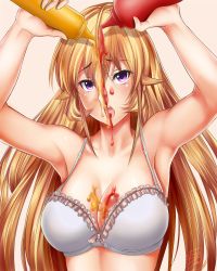 Rule 34 | 10s, 1girl, arms up, blonde hair, bow, bow bra, bra, breasts, cleavage, dated, female focus, frilled bra, frills, highres, ketchup, large breasts, long hair, looking at viewer, mustard, nakiri erina, purple eyes, sexually suggestive, shokugeki no souma, simple background, solo, tongue, tongue out, tony guisado, underwear, white bra