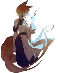 Rule 34 | 084oishi, 1girl, animal ears, bare shoulders, blonde hair, blue eyes, blue fire, clothing cutout, cropped legs, dress, fire, fox ears, fox girl, fox tail, hair ornament, highres, kitsune, looking at viewer, magic, multiple tails, original, profile, short hair, shoulder cutout, sideways glance, simple background, sleeves past fingers, sleeves past wrists, solo, tail, white background
