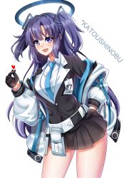 Rule 34 | 1girl, absurdres, black gloves, blue archive, blue eyes, blue hair, blue necktie, gloves, gun, hair between eyes, hair ornament, half gloves, halo, heart, highres, id card, jacket, jacket partially removed, katou shinobu, long hair, miniskirt, multicolored clothes, multicolored jacket, necktie, sig sauer, sig mpx, skirt, smile, solo, submachine gun, twintails, two-tone jacket, two side up, vest, weapon, white jacket, yuuka (blue archive)