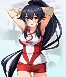 Rule 34 | 10s, 1girl, :o, alternate costume, armpits, arms behind head, arms up, black hair, blush, breasts, breath, collarbone, commentary request, cosplay request, covered navel, cowboy shot, elbow pads, girls und panzer, hair between eyes, high ponytail, indoors, kantai collection, large breasts, long hair, looking at viewer, open mouth, pink eyes, red shorts, shirt, shorts, sidelocks, sleeveless, sleeveless shirt, solo, sportswear, standing, sweat, v-shaped eyebrows, very long hair, volleyball uniform, wet, yahagi (kancolle), zanntetu