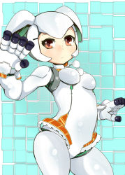 Rule 34 | 10s, 1girl, :&lt;, android, breasts, cowboy shot, finger cannon, gunslinger stratos, hair between eyes, humanoid robot, joints, red eyes, robot, robot ears, robot joints, shi ecchi, small breasts, solo, white hair, xi-988
