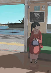Rule 34 | 1girl, alternate costume, bag, black hair, commentary, full body, houshou (kancolle), japanese clothes, kantai collection, kimono, long hair, looking to the side, mihama machi, pink kimono, ponytail, sandals, satchel, ship, sign, sitting, solo, train interior, watercraft