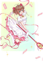 Rule 34 | 1girl, :d, antenna hair, arm up, blue eyes, bow, breasts, brown hair, card, cardcaptor sakura, cleavage, dress, frde, full body, gloves, hair bow, kinomoto sakura, open mouth, pink bow, pink footwear, pink ribbon, ribbon, short hair, short twintails, simple background, small breasts, smile, solo, staff, thighhighs, twintails, white dress, white gloves, white thighhighs