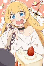 Rule 34 | 1girl, 1other, ball and chain restraint, blonde hair, blue eyes, blush, cake, cake slice, chain, choker, coat of arms, crown, drooling, ex (himesama goumon), flying sweatdrops, food, highres, hime-sama &quot;goumon&quot; no jikan desu, hime (himesama goumon), holding, holding chain, illustratorhide, long hair, looking at object, mini crown, mouth drool, open mouth, prison, rags, smile, solo focus, sparkle, strawberry shortcake, sword, teeth, upper body, upper teeth only, very long hair, weapon