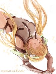 Rule 34 | 1girl, angela balzac, arms up, bad id, bad pixiv id, blonde hair, breasts, closed eyes, copyright name, ear piercing, hair ornament, highres, impossible clothes, impossible leotard, leotard, long hair, looking away, low twintails, piercing, rakuen tsuihou, solo, twintails, upper body, upside-down, very long hair, white background, xiaochaibao