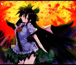 Rule 34 | 1girl, arm cannon, bad id, bad pixiv id, black hair, blouse, bow, cape, female focus, hair bow, letterboxed, long hair, mizuga, red eyes, reiuji utsuho, shirt, skirt, solo, touhou, very long hair, weapon, wings