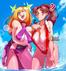 Rule 34 | absurdres, bare shoulders, blonde hair, blue eyes, blush, breasts, brown hair, choker, cleavage, collarbone, curious, fatal fury, flower tattoo, garou: mark of the wolves, hand on another&#039;s shoulder, haysey, highleg, highleg swimsuit, highres, jenet behrn, jewelry, large breasts, long hair, looking at viewer, multiple girls, navel, one-piece swimsuit, one eye closed, open mouth, shiranui mai, smile, snk, standing, stomach, swimsuit, tattoo, the king of fighters, wet