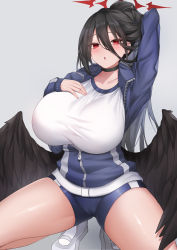 Rule 34 | 1girl, absurdres, black choker, black hair, black wings, blue archive, blue shorts, blush, breasts, cameltoe, choker, collarbone, deogho (liujinzy9854), feathered wings, grey background, hair between eyes, hasumi (blue archive), hasumi (track) (blue archive), highres, jacket, korean commentary, large breasts, long hair, open mouth, shirt, shorts, simple background, solo, squatting, thighs, track jacket, white footwear, white shirt, wings