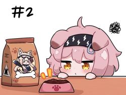 Rule 34 | &gt; &lt;, 1girl, :t, ahoge, animal ears, arknights, black hairband, blush, bowl, cameo, cardigan (arknights), cat ears, chibi, closed mouth, commentary, english commentary, goldenglow (arknights), hairband, kurotofu, lightning bolt print, pet bowl, pet food, pout, simple background, solo, squiggle, table, white background, yellow eyes