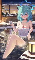 Rule 34 | 1girl, absurdres, animal ears, blue archive, blue halo, breasts, cleavage, green hair, halo, highres, hwa sawa, large breasts, medium hair, naked towel, official alternate costume, onsen, partially submerged, purple eyes, shigure (blue archive), shigure (hot spring) (blue archive), solo, towel, water, weasel ears, white towel