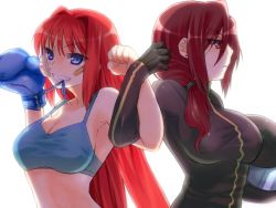 Rule 34 | 00s, 2girls, aozaki aoko, aozaki touko, back-to-back, bad id, bad pixiv id, bandaid, biker clothes, blue eyes, bodysuit, boxing gloves, breasts, clenched hand, earrings, gloves, grin, hair intakes, unworn headwear, helmet, unworn helmet, holding, holding helmet, jewelry, kamehima, kara no kyoukai, large breasts, locked arms, long hair, mahou tsukai no yoru, mouth hold, multiple girls, red eyes, red hair, scrunchie, siblings, single glove, sisters, smile, sports bra, strap gap, tsukihime, very long hair