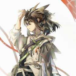 Rule 34 | 1girl, arknights, bag, brown hair, chinese commentary, coat, commentary, cowboy shot, dadijiji, feather hair, from side, glasses, hair between eyes, hair ornament, hand on own head, highres, medium hair, orange eyes, profile, satchel, see-through, see-through sleeves, silence (arknights), simple background, solo, strap, white background, white coat, wind