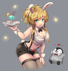 Rule 34 | 1girl, alternate costume, animal ears, artist name, belt, belt bow, bird, black bow, black bowtie, black shorts, blonde hair, blue eyes, blush, bow, bowtie, breasts, buttons, cherry, cleavage, cocktail, collar, commentary request, crop top, cuffs, cup, drinking glass, drinking straw, eyes visible through hair, food, fruit, grey background, grey thighhighs, hair between eyes, hand on own thigh, holding, holding tray, looking at viewer, mechanic (ragnarok online), medium breasts, midriff, misuguu, navel, open mouth, orange (fruit), orange slice, penguin, rabbit ears, rabbit tail, ragnarok online, red bow, short hair, short shorts, shorts, signature, simple background, solo, sparkle, standing, suspender shorts, suspenders, tail, thighhighs, tray, wine glass, wrist cuffs