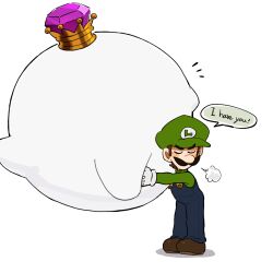 animal_ears blue_eyes blue_overalls brown_footwear brown_hair crown english_text facial_hair gem ghost gloves green_shirt hat highres king_boo luigi luigi&#039;s_mansion male_focus mario_(series) mimimi_(mimimim9999) multiple_boys mustache nintendo overalls shirt short_hair speech_bubble